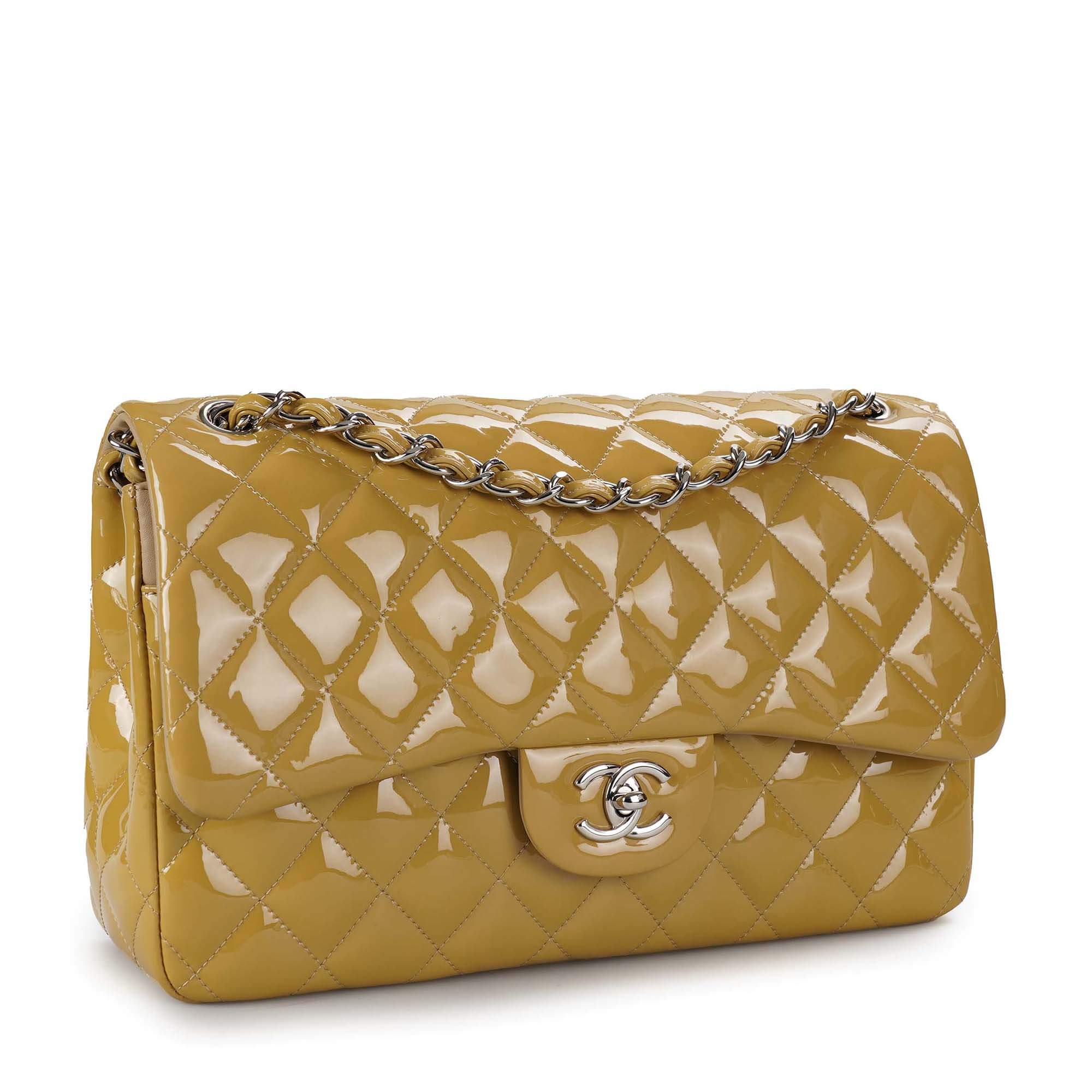 Chanel - Beige Quilted Patent Leather Double Flap Jumbo Bag